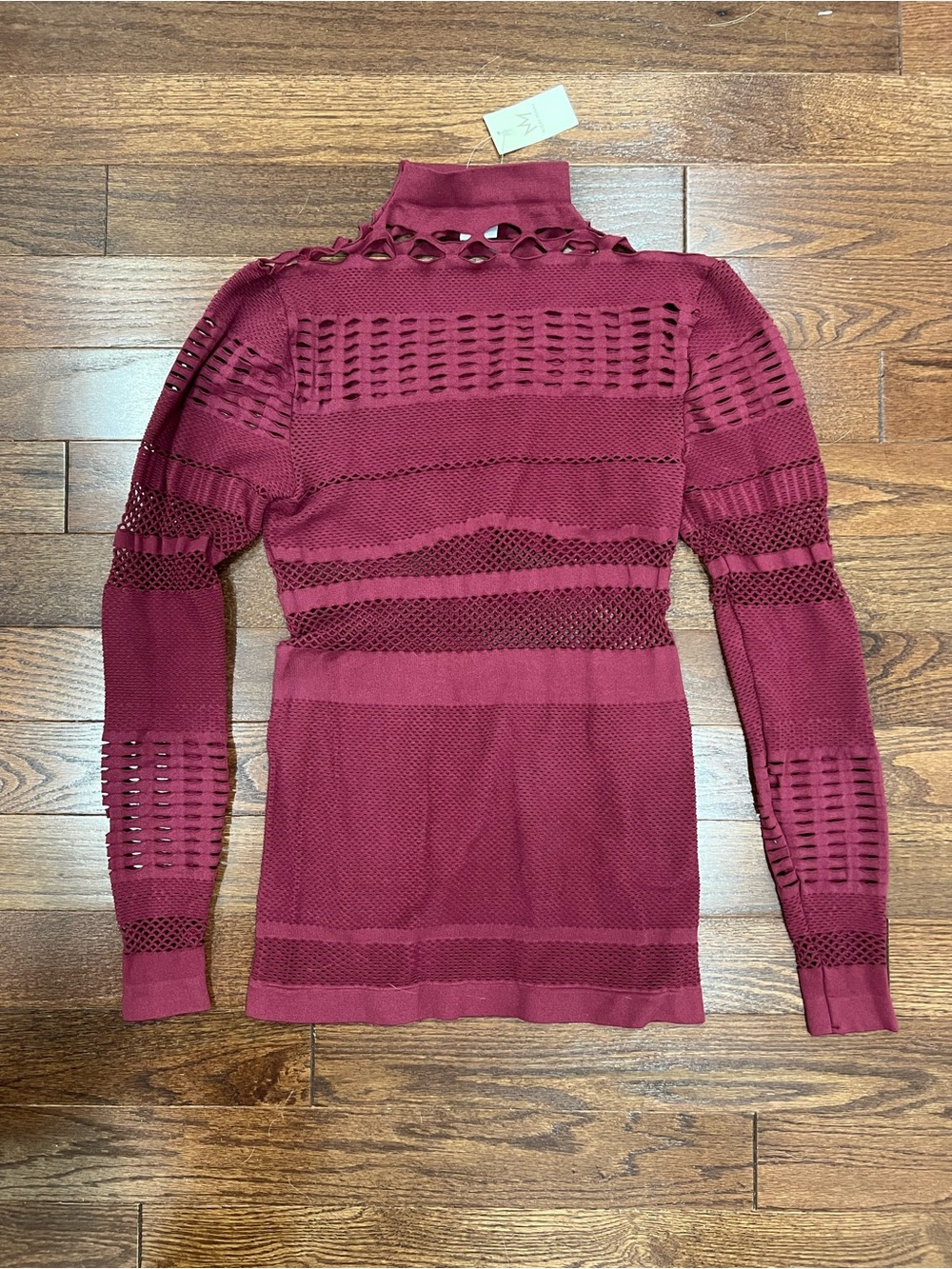 Nicki Minaj Burgundy Open-Knit Mock Neck Top